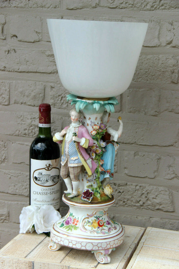 Antique German porcelain marked relief floral decor couple figurines Vase lamp