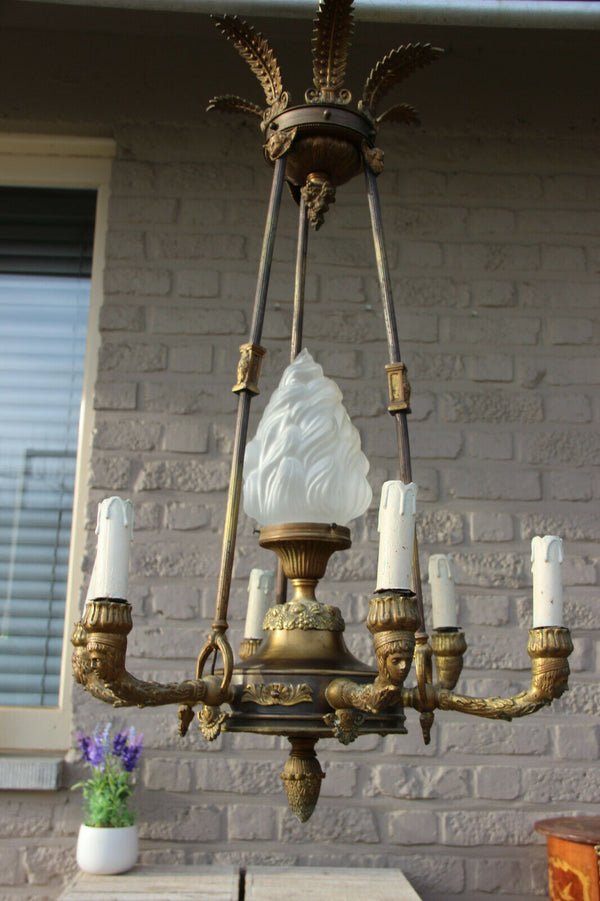 Antique empire french bronze portrait putti heads chandelier torch flame shade