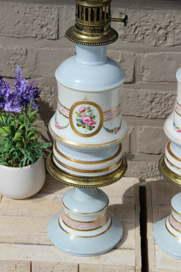 Rare PAIR antique French porcelain hand paint oil petrol lamps floral