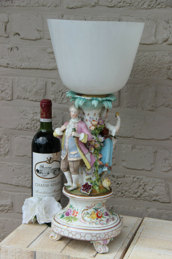 Antique German porcelain marked relief floral decor couple figurines Vase lamp