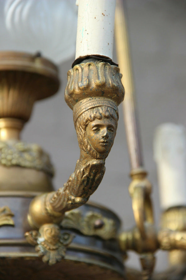 Antique empire french bronze portrait putti heads chandelier torch flame shade