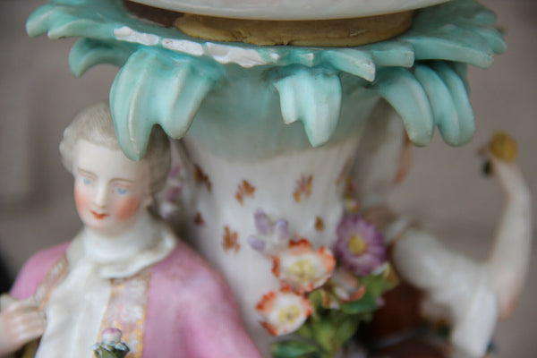Antique German porcelain marked relief floral decor couple figurines Vase lamp
