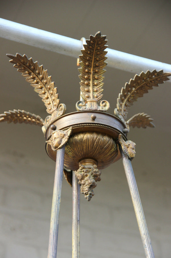 Antique empire french bronze portrait putti heads chandelier torch flame shade