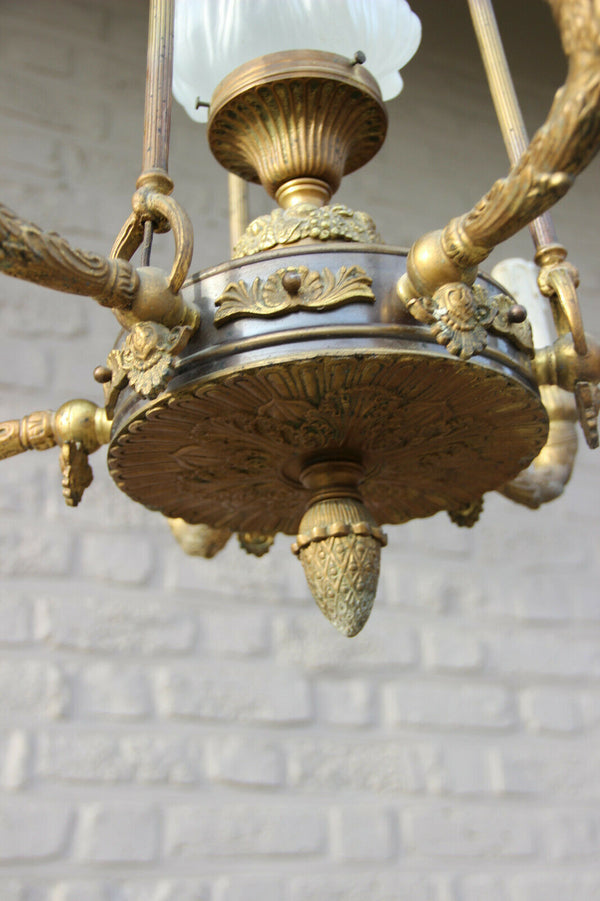 Antique empire french bronze portrait putti heads chandelier torch flame shade