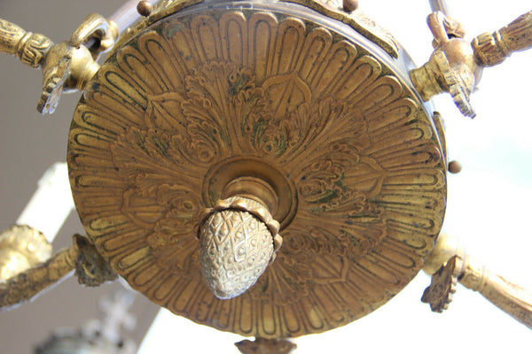 Antique empire french bronze portrait putti heads chandelier torch flame shade