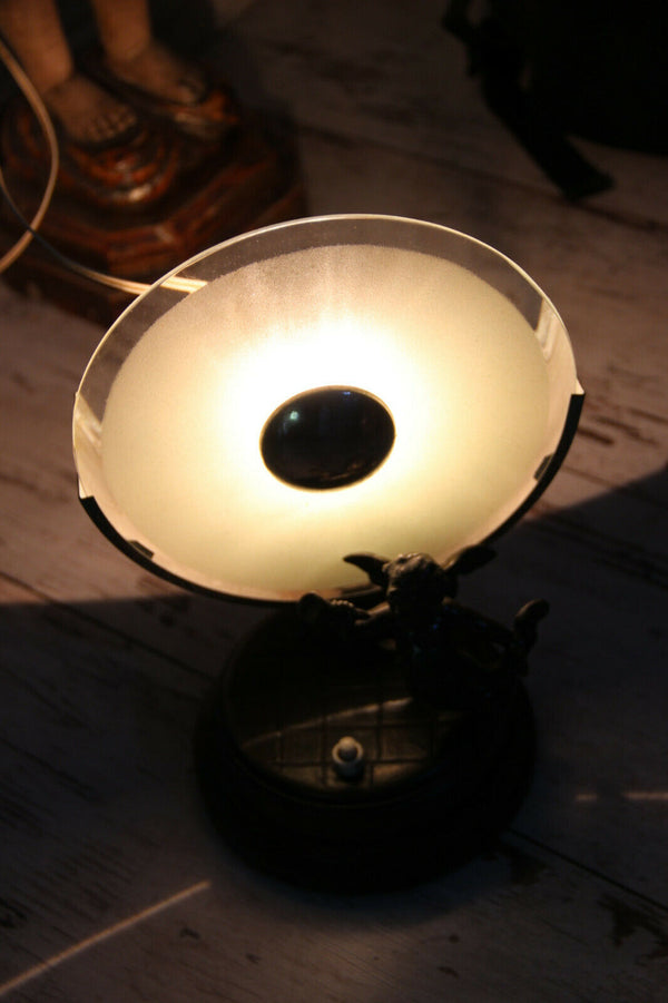Antique French art deco metal bronze patina Putti angel Table lamp 1930