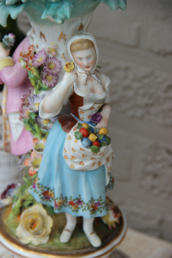 Antique German porcelain marked relief floral decor couple figurines Vase lamp