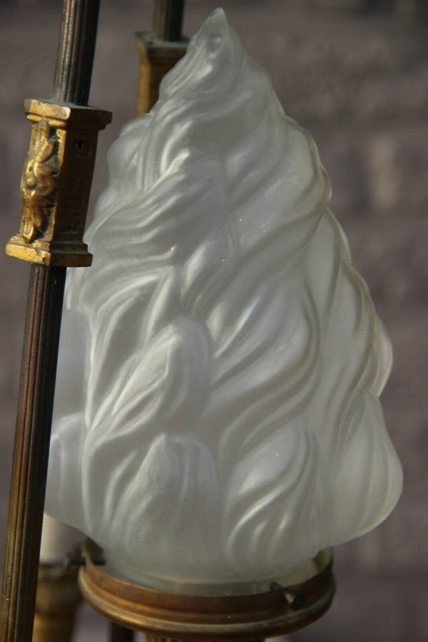 Antique empire french bronze portrait putti heads chandelier torch flame shade