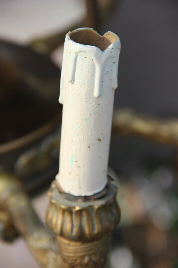 Antique empire french bronze portrait putti heads chandelier torch flame shade