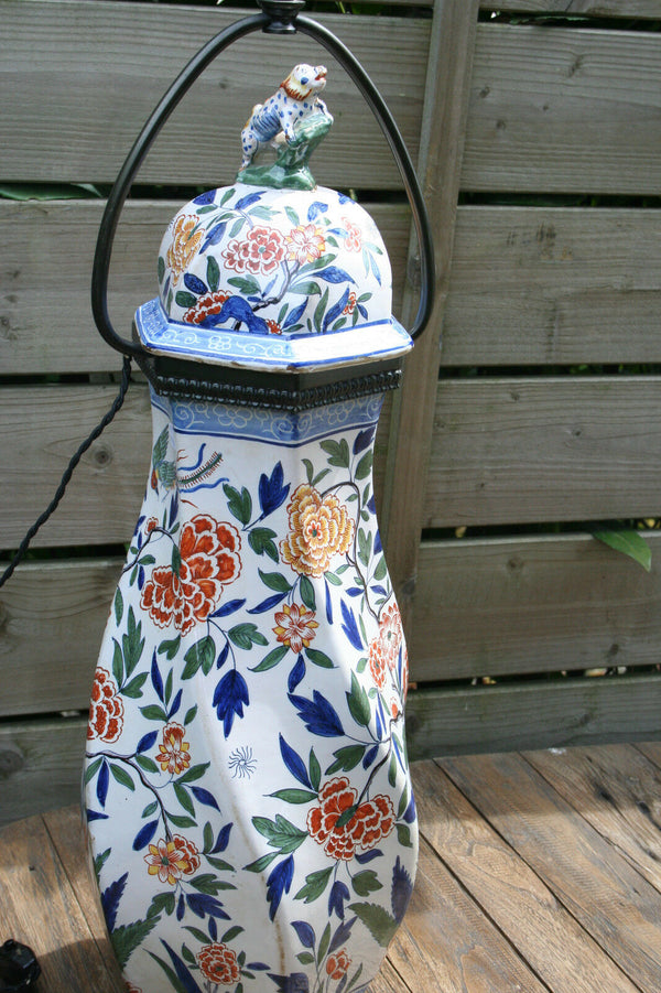 Antique polychrome Pottery Delft marked 3 leaves Vase mounted as lamp XL
