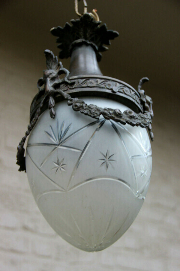 Antique French bronze Chandelier lantern glass crystal acorn shade ram heads