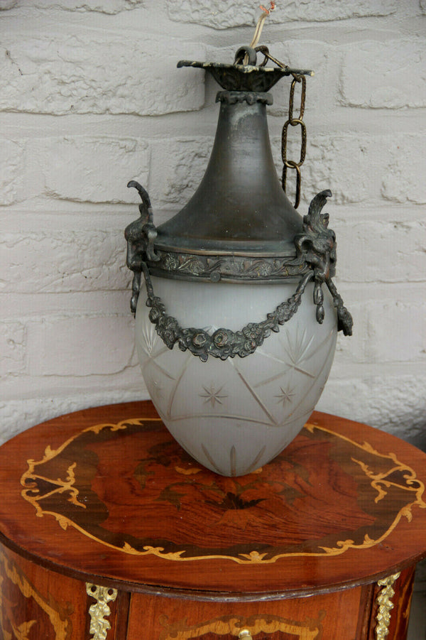 Antique French bronze Chandelier lantern glass crystal acorn shade ram heads