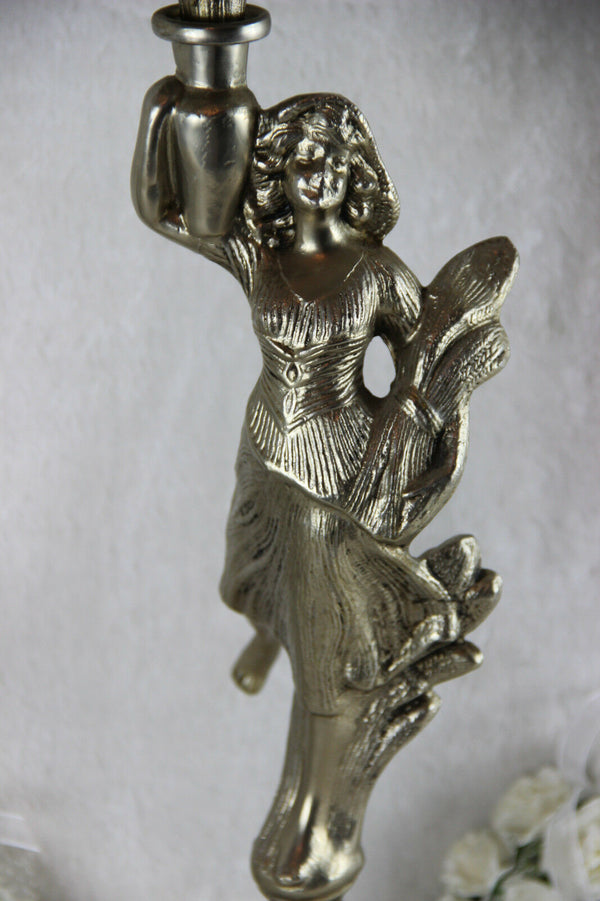 Huge Spelter bronze silver patina art nouveau lady table lamp 3 glass arm putti