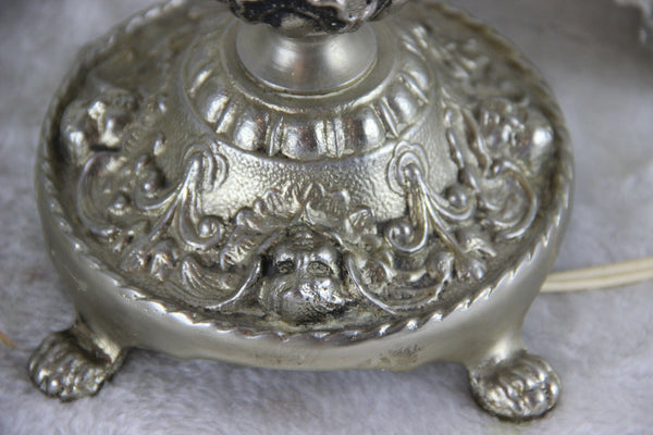 Huge Spelter bronze silver patina art nouveau lady table lamp 3 glass arm putti