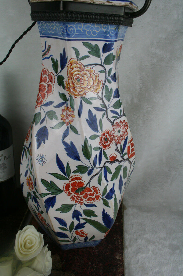 Antique polychrome Pottery Delft marked 3 leaves Vase mounted as lamp XL