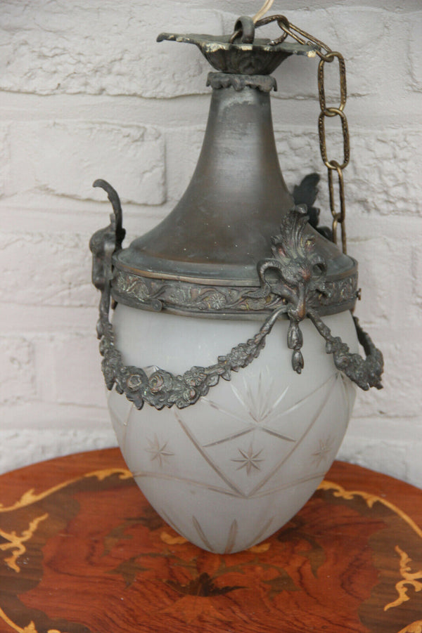 Antique French bronze Chandelier lantern glass crystal acorn shade ram heads