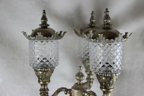 Huge Spelter bronze silver patina art nouveau lady table lamp 3 glass arm putti