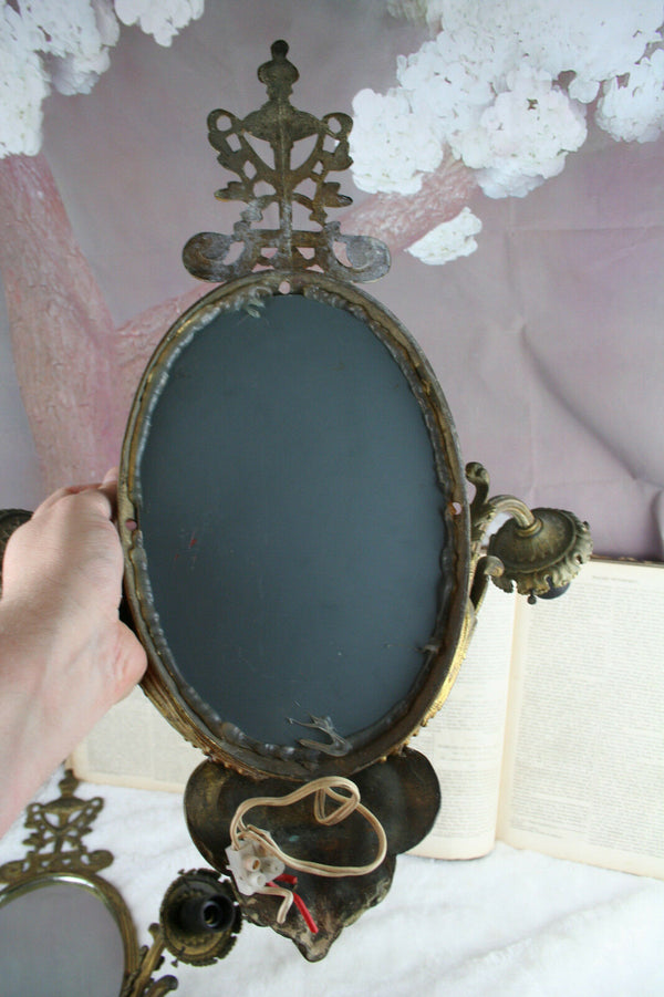 Antique XL French PAIR bronze Mirror sconces wall lights satyr faun heads 1900