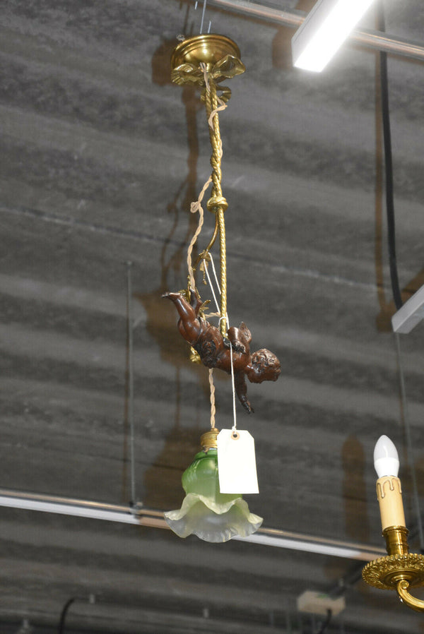 Antique French bronze putti angel green glass shade art nouveau chandelier lamp