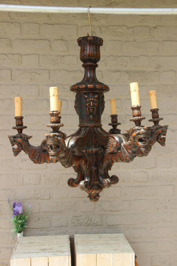 Antique french oak wood carved gothic castle dragon devil heads chandelier rare