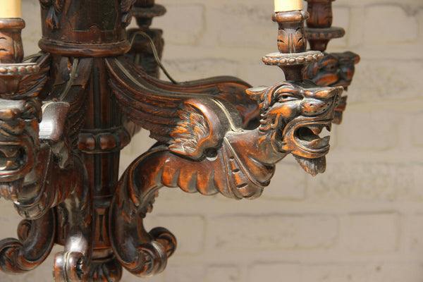 Antique french oak wood carved gothic castle dragon devil heads chandelier rare
