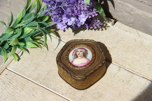 Antique french brass porcelain plaque portrait lady trinket jewelry box