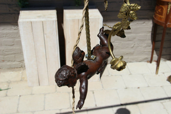 Antique French bronze putti angel green glass shade art nouveau chandelier lamp