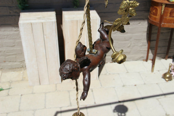 Antique French bronze putti angel green glass shade art nouveau chandelier lamp