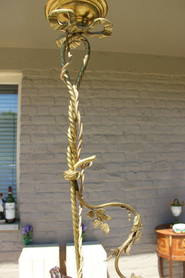 Antique French bronze putti angel green glass shade art nouveau chandelier lamp