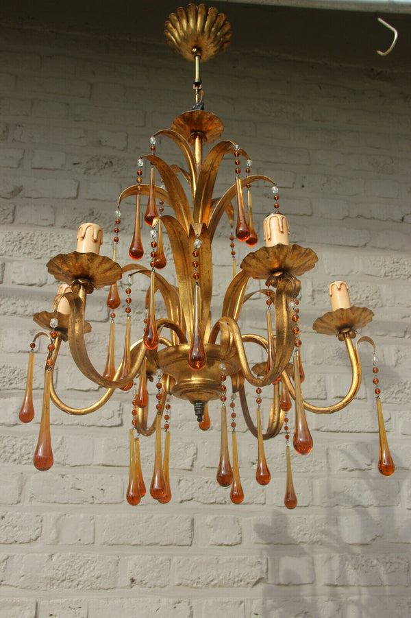 Hollywood regency mid century Maison jansen Floral metal chandelier murano drops