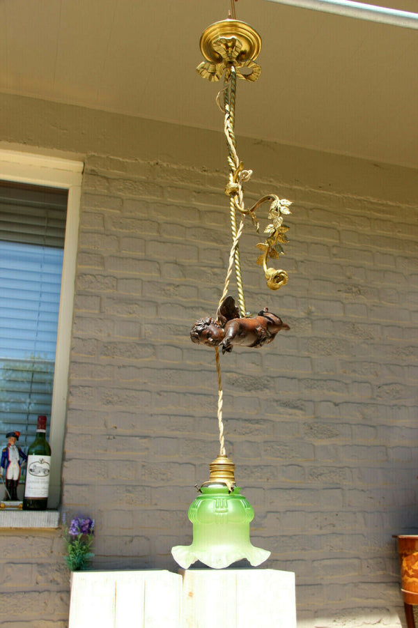 Antique French bronze putti angel green glass shade art nouveau chandelier lamp