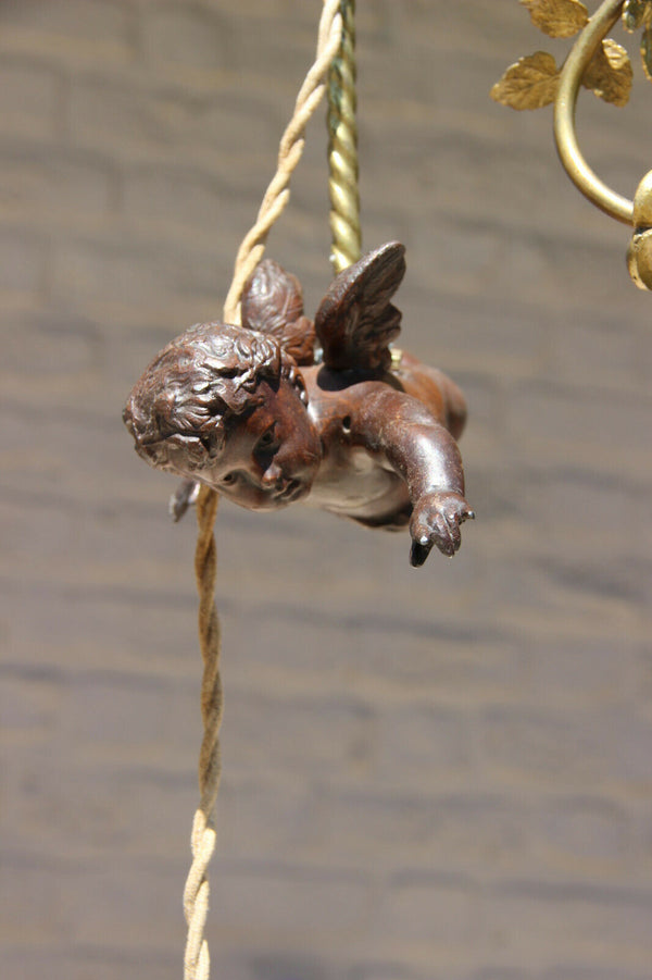 Antique French bronze putti angel green glass shade art nouveau chandelier lamp