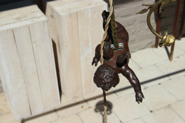 Antique French bronze putti angel green glass shade art nouveau chandelier lamp