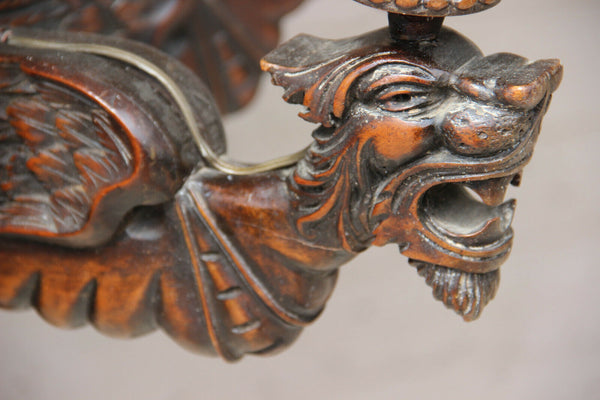 Antique french oak wood carved gothic castle dragon devil heads chandelier rare