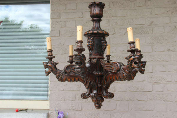 Antique french oak wood carved gothic castle dragon devil heads chandelier rare