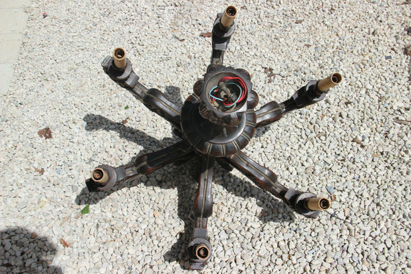 Antique french oak wood carved gothic castle dragon devil heads chandelier rare