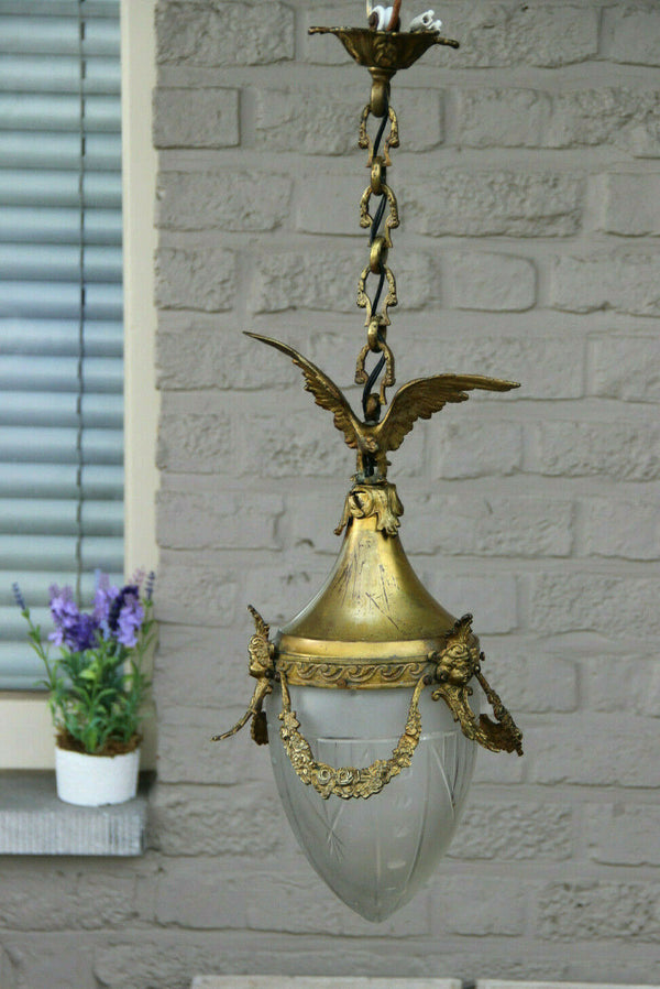 Antique French Bronze eagle putti angel portrait lantern chandelier lamp 1900