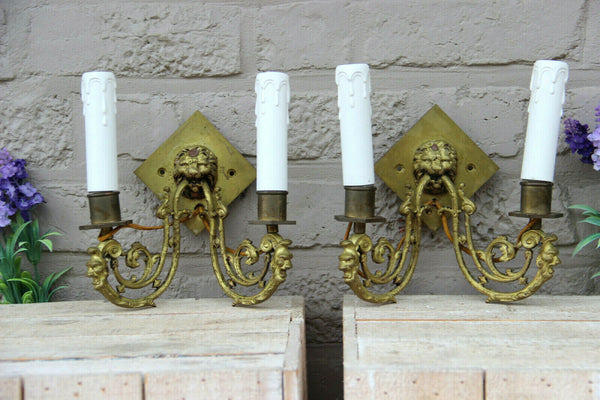 Antique French pair bronze wall lights sconces gothic castle lion devil head