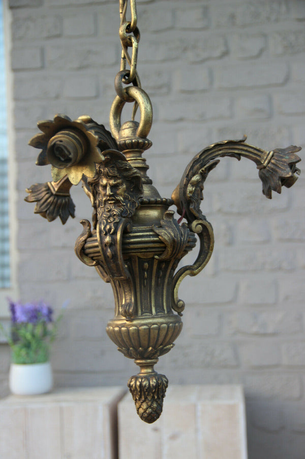 Antique Bronze 3 arm Satyr heads gothic castle chandelier 19th century
