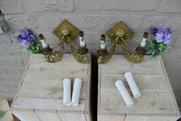 Antique French pair bronze wall lights sconces gothic castle lion devil head