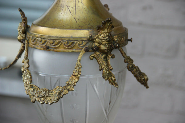 Antique French Bronze eagle putti angel portrait lantern chandelier lamp 1900