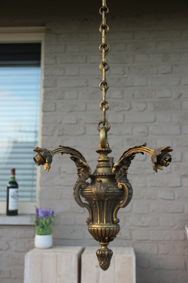 Antique Bronze 3 arm Satyr heads gothic castle chandelier 19th century