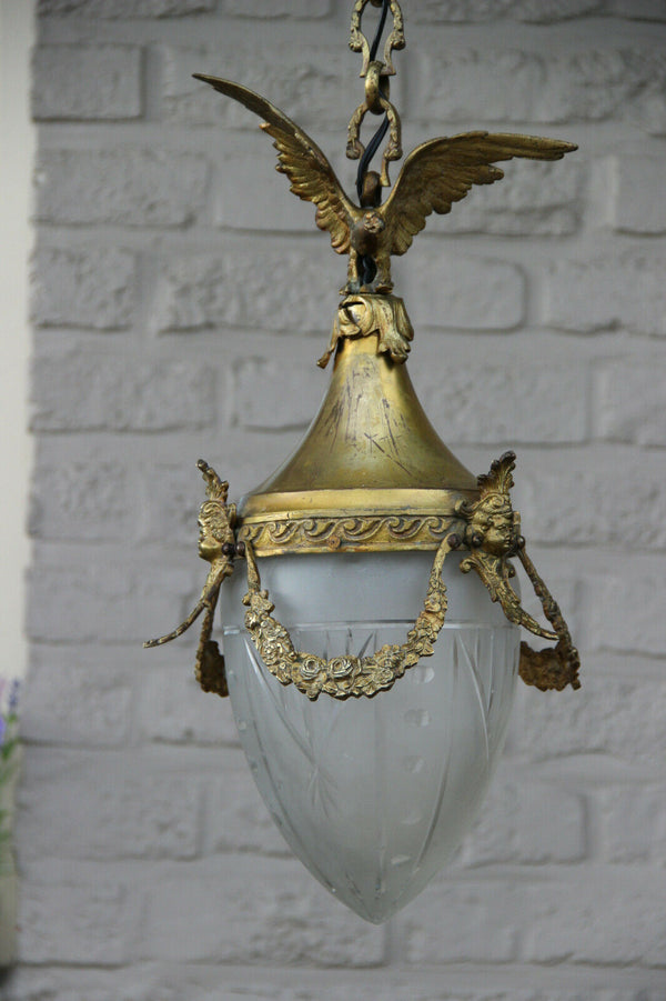 Antique French Bronze eagle putti angel portrait lantern chandelier lamp 1900