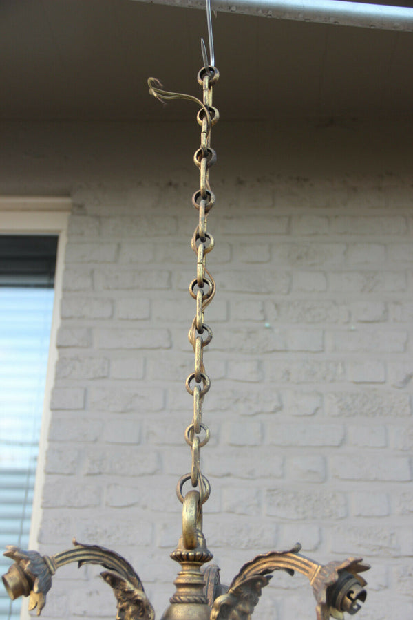 Antique Bronze 3 arm Satyr heads gothic castle chandelier 19th century