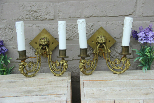Antique French pair bronze wall lights sconces gothic castle lion devil head
