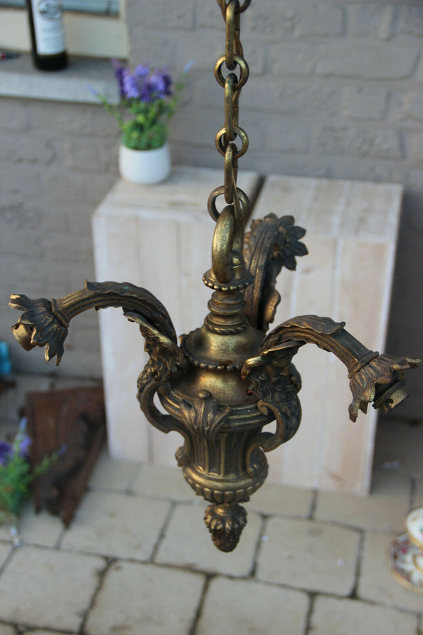 Antique Bronze 3 arm Satyr heads gothic castle chandelier 19th century