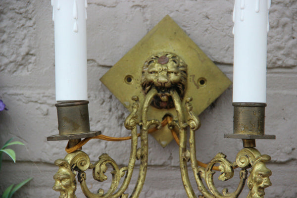 Antique French pair bronze wall lights sconces gothic castle lion devil head