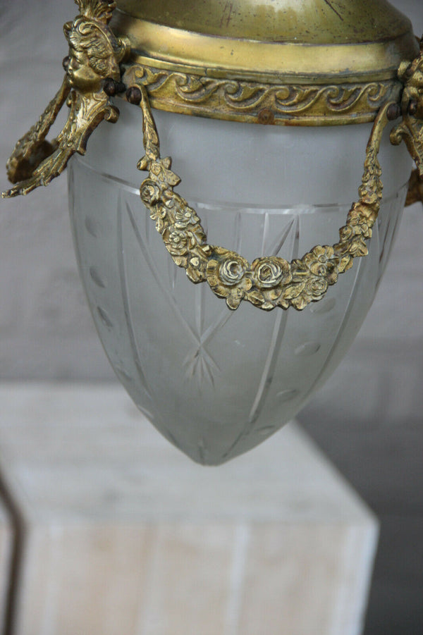 Antique French Bronze eagle putti angel portrait lantern chandelier lamp 1900