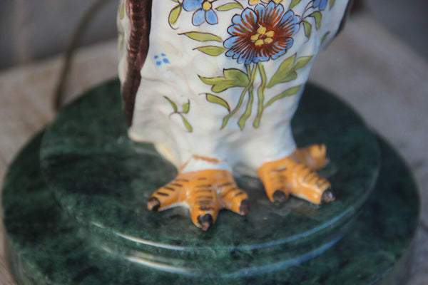 PAIR french hollywood regency rouen Ceramic polychrome owl Figurine table lamps