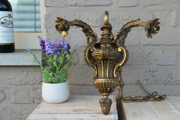 Antique Bronze 3 arm Satyr heads gothic castle chandelier 19th century
